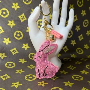 Pink Crystal Bunny Puffy Keychain/Bag Charm with Tassel